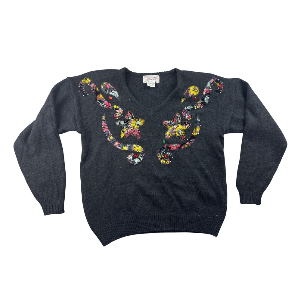 Vintage Spice of Life Sweater Women M Black Floral Beaded Silk Soft Granny 90s